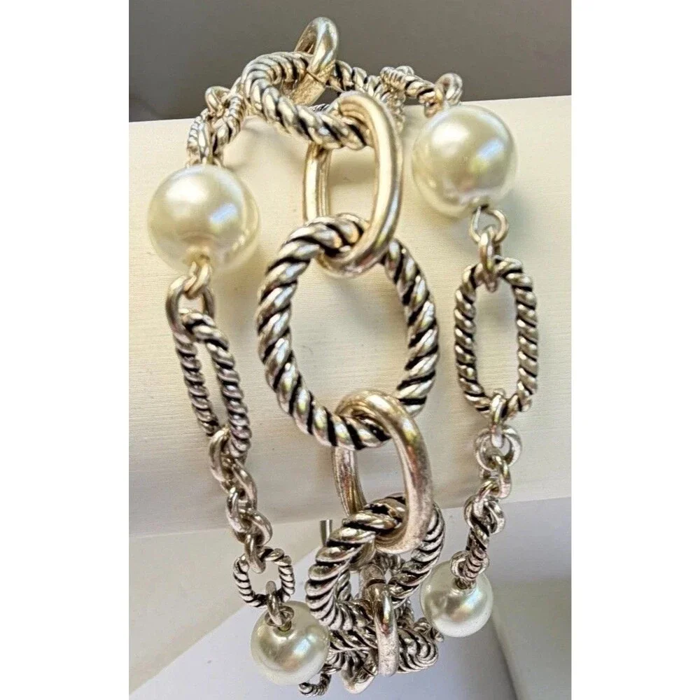 Vintage Chunky Rope Chain Toggle Bracelet Faux Pearl Charm Silver Tone Coastal